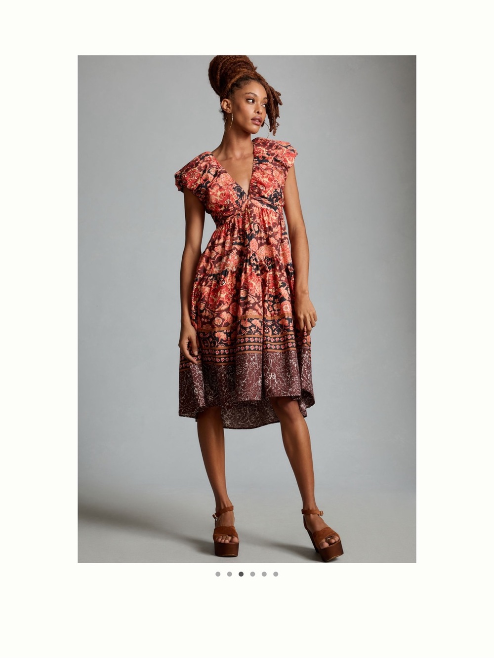 Anthropologie Coral Rust Floral V‑Neck Tiered Midi Dress
